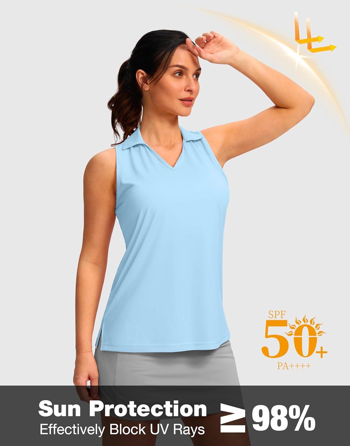 imageSANTINY Womens Sleeveless Golf Shirt Racerback V Neck Tank Tops Quick Dry Tennis Collared Polo Shirts for WomenLight Blue