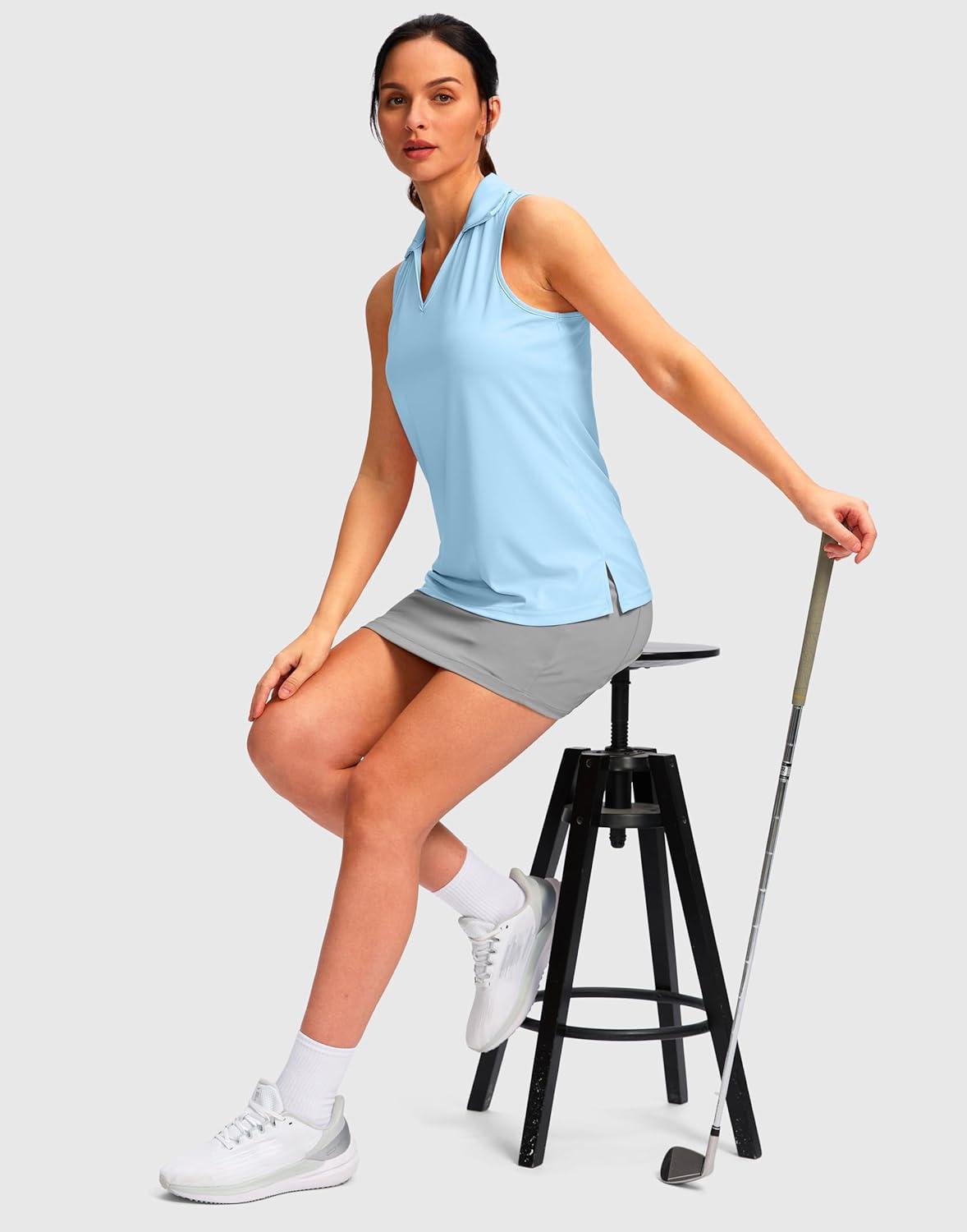 imageSANTINY Womens Sleeveless Golf Shirt Racerback V Neck Tank Tops Quick Dry Tennis Collared Polo Shirts for WomenLight Blue