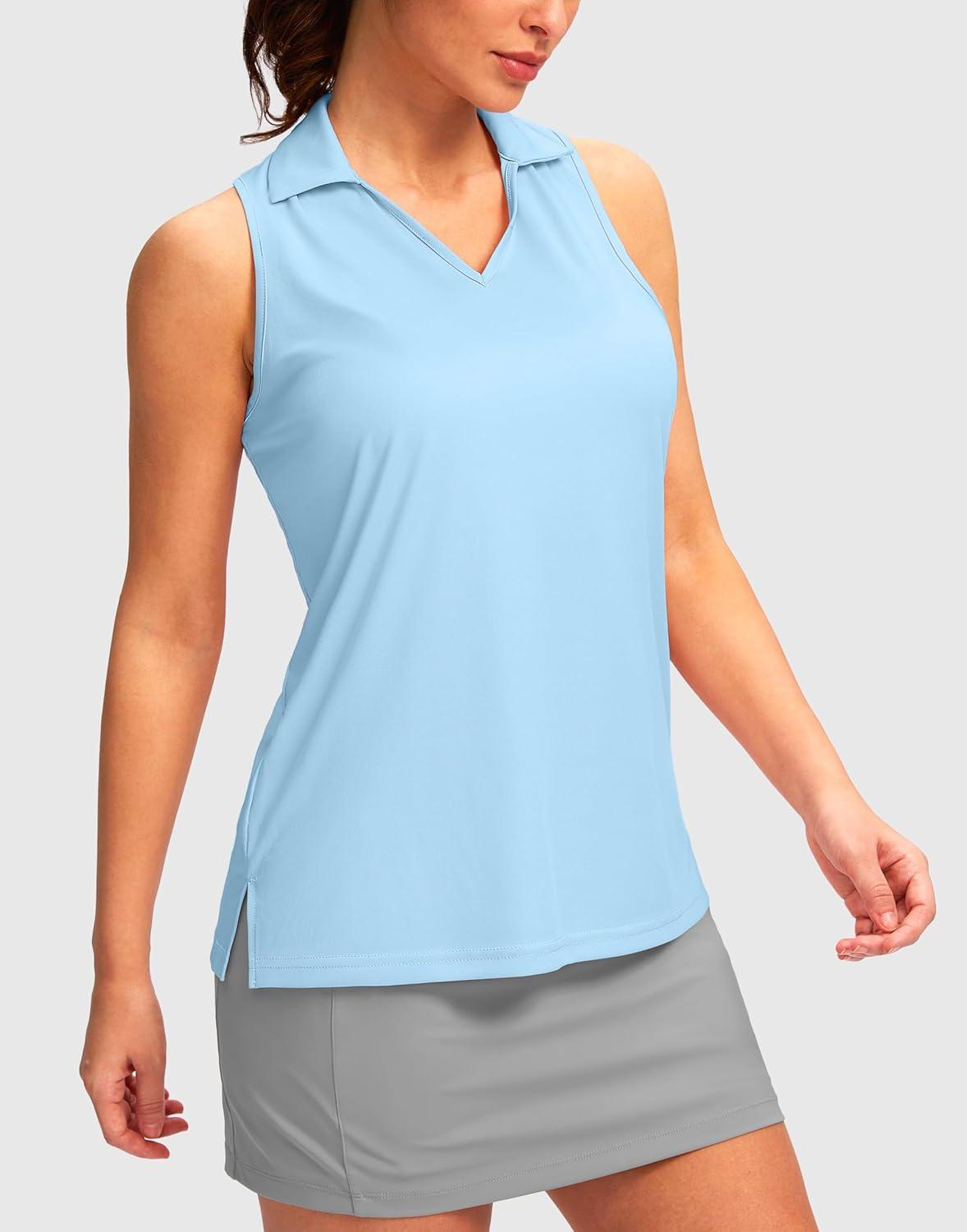 imageSANTINY Womens Sleeveless Golf Shirt Racerback V Neck Tank Tops Quick Dry Tennis Collared Polo Shirts for WomenLight Blue