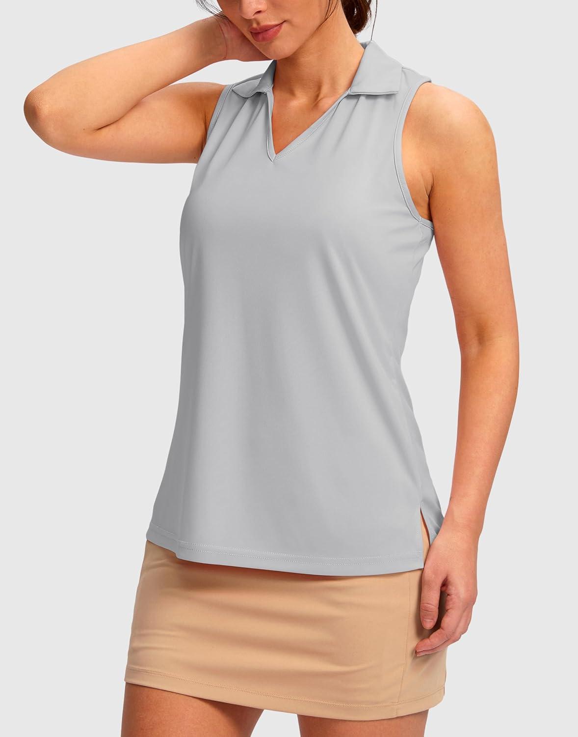 imageSANTINY Womens Sleeveless Golf Shirt Racerback V Neck Tank Tops Quick Dry Tennis Collared Polo Shirts for WomenLight Grey