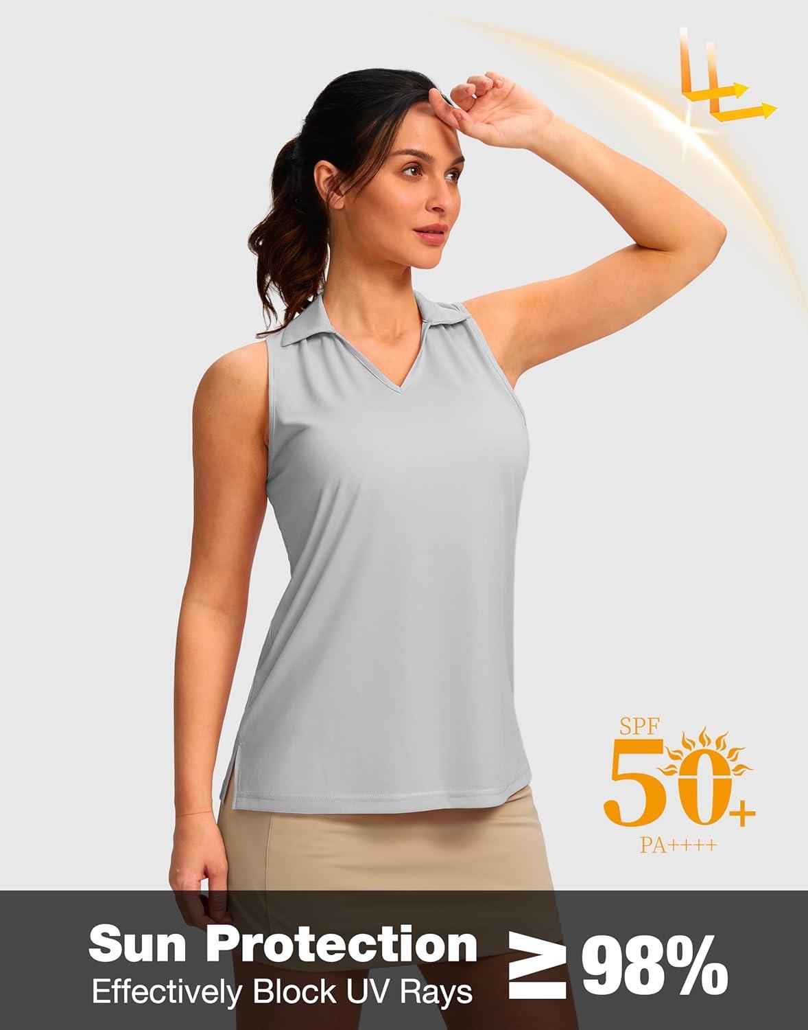imageSANTINY Womens Sleeveless Golf Shirt Racerback V Neck Tank Tops Quick Dry Tennis Collared Polo Shirts for WomenLight Grey