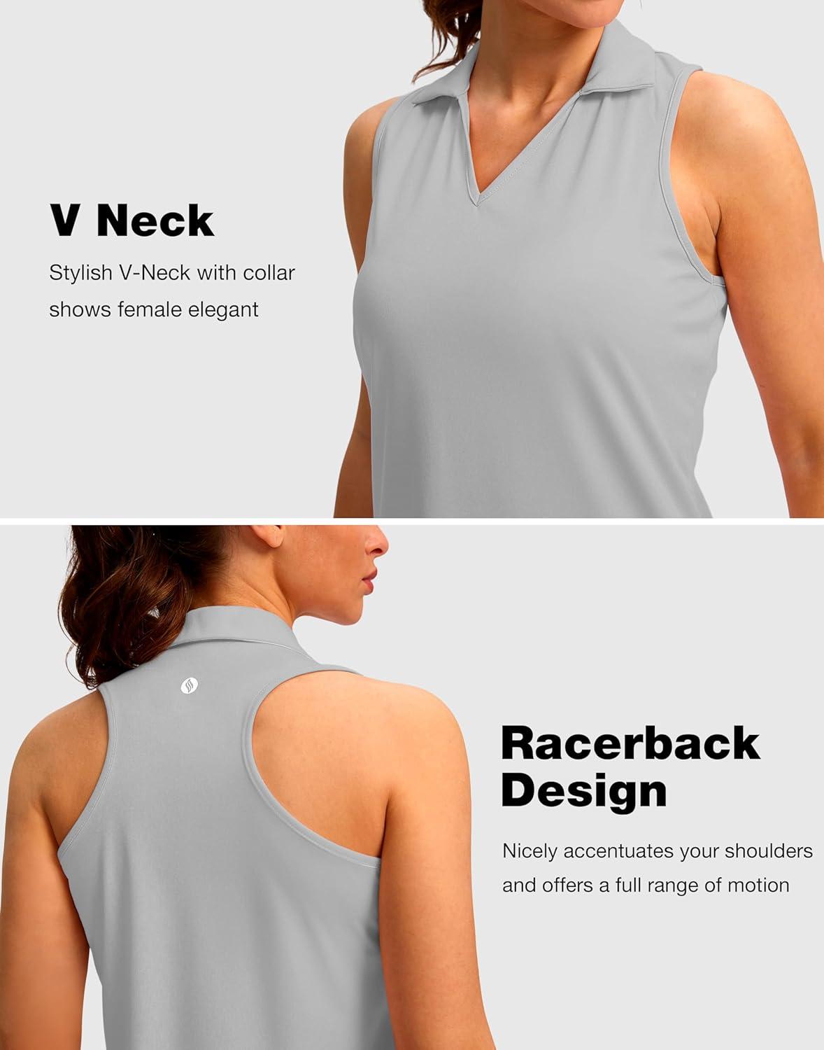 imageSANTINY Womens Sleeveless Golf Shirt Racerback V Neck Tank Tops Quick Dry Tennis Collared Polo Shirts for WomenLight Grey