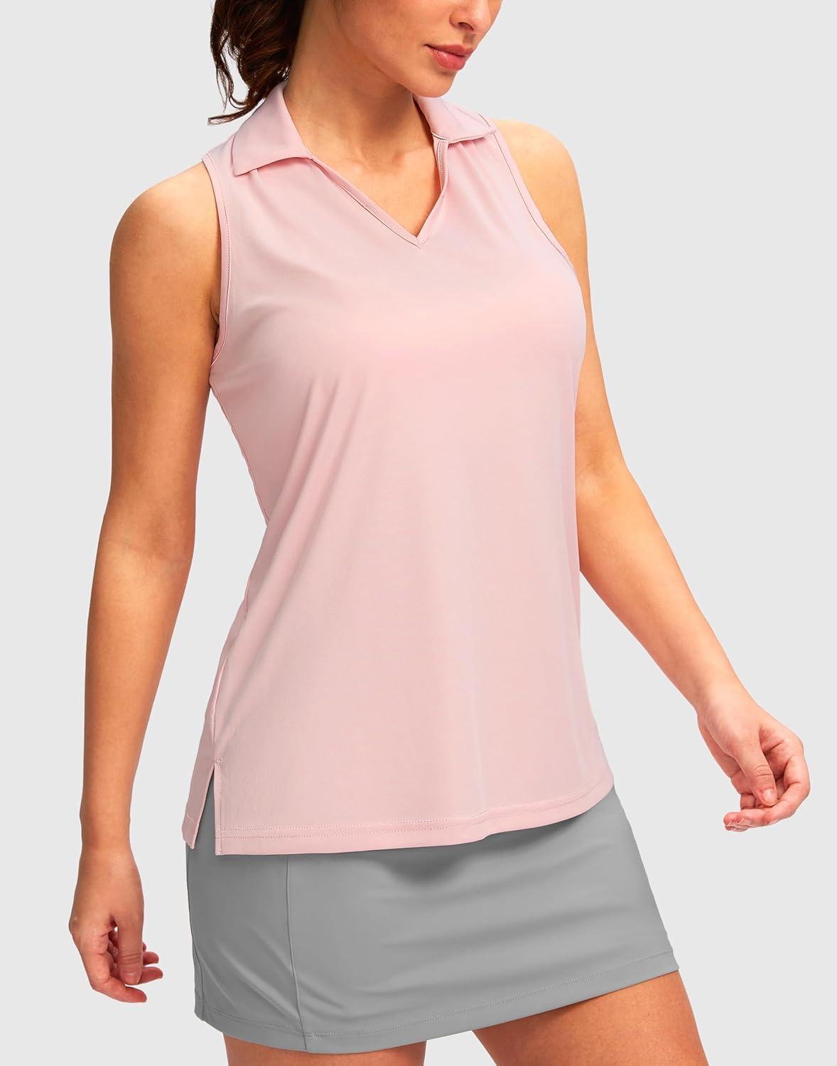 imageSANTINY Womens Sleeveless Golf Shirt Racerback V Neck Tank Tops Quick Dry Tennis Collared Polo Shirts for WomenLight Pink