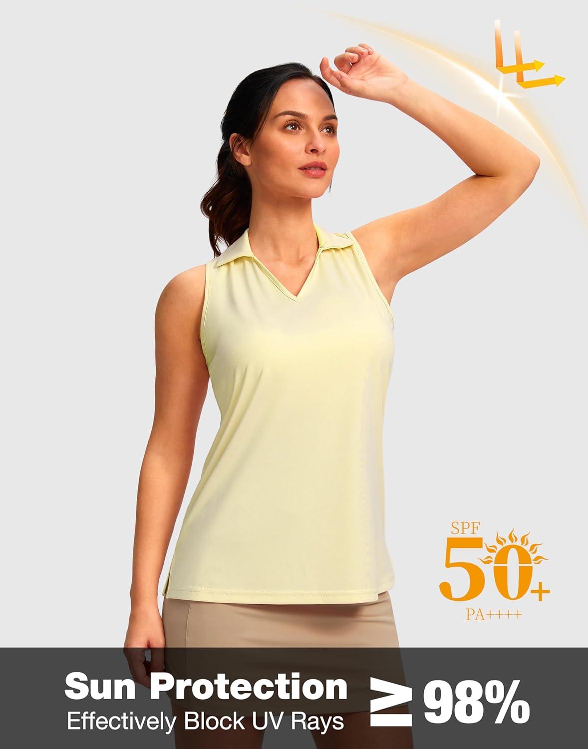 imageSANTINY Womens Sleeveless Golf Shirt Racerback V Neck Tank Tops Quick Dry Tennis Collared Polo Shirts for WomenLight Yellow