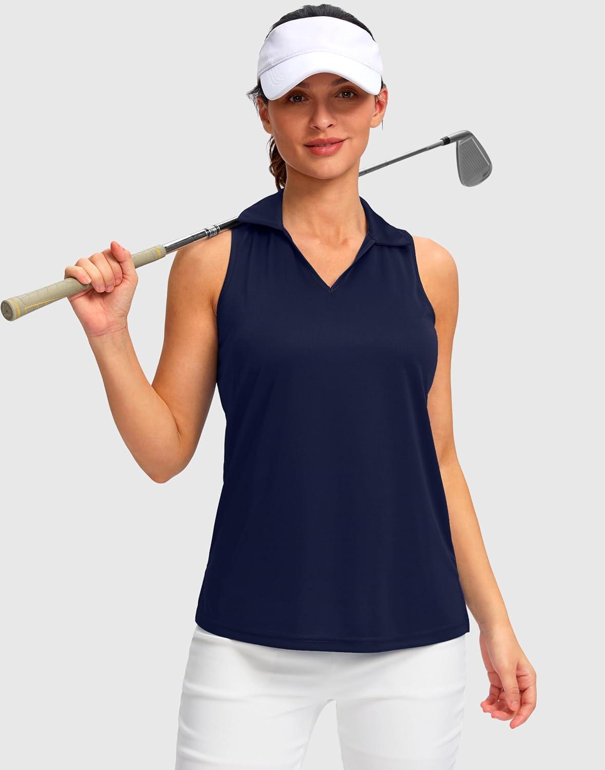 imageSANTINY Womens Sleeveless Golf Shirt Racerback V Neck Tank Tops Quick Dry Tennis Collared Polo Shirts for WomenNavy