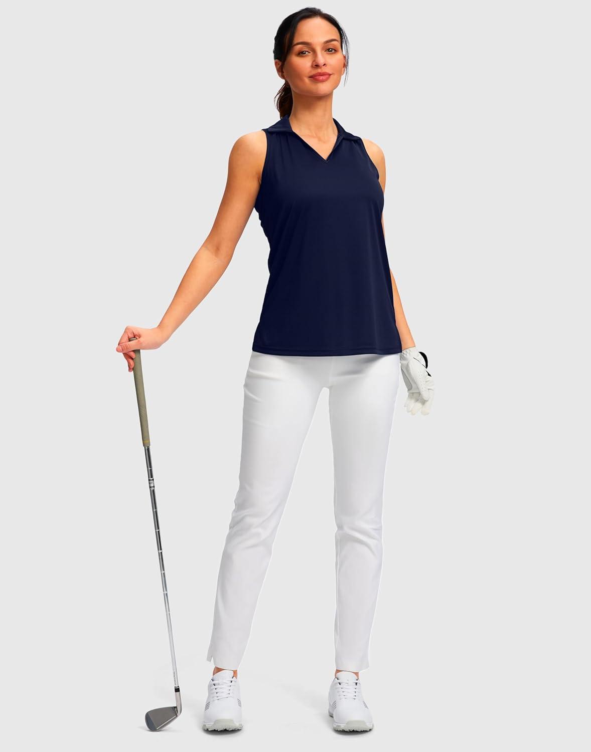 imageSANTINY Womens Sleeveless Golf Shirt Racerback V Neck Tank Tops Quick Dry Tennis Collared Polo Shirts for WomenNavy