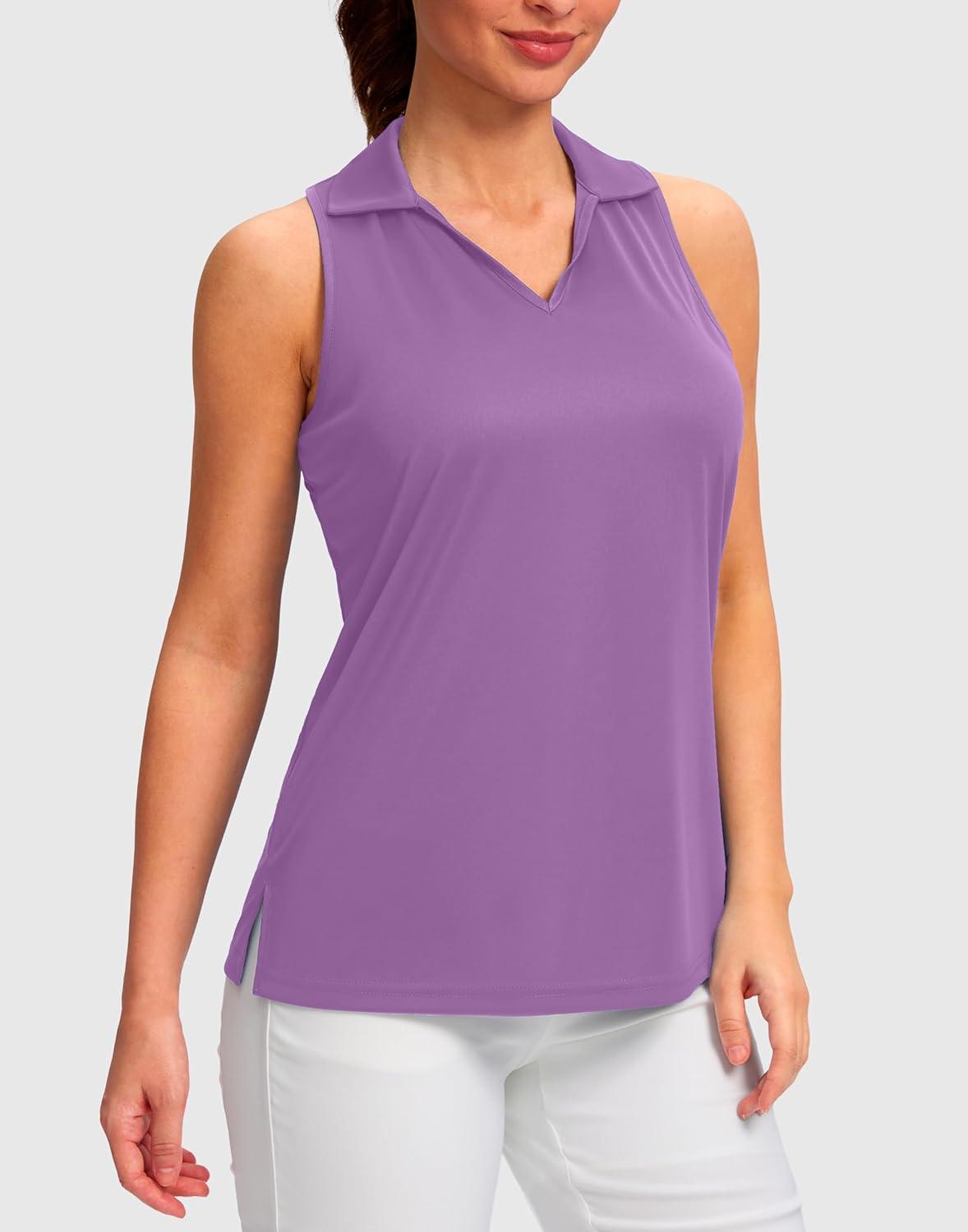 imageSANTINY Womens Sleeveless Golf Shirt Racerback V Neck Tank Tops Quick Dry Tennis Collared Polo Shirts for WomenPurple