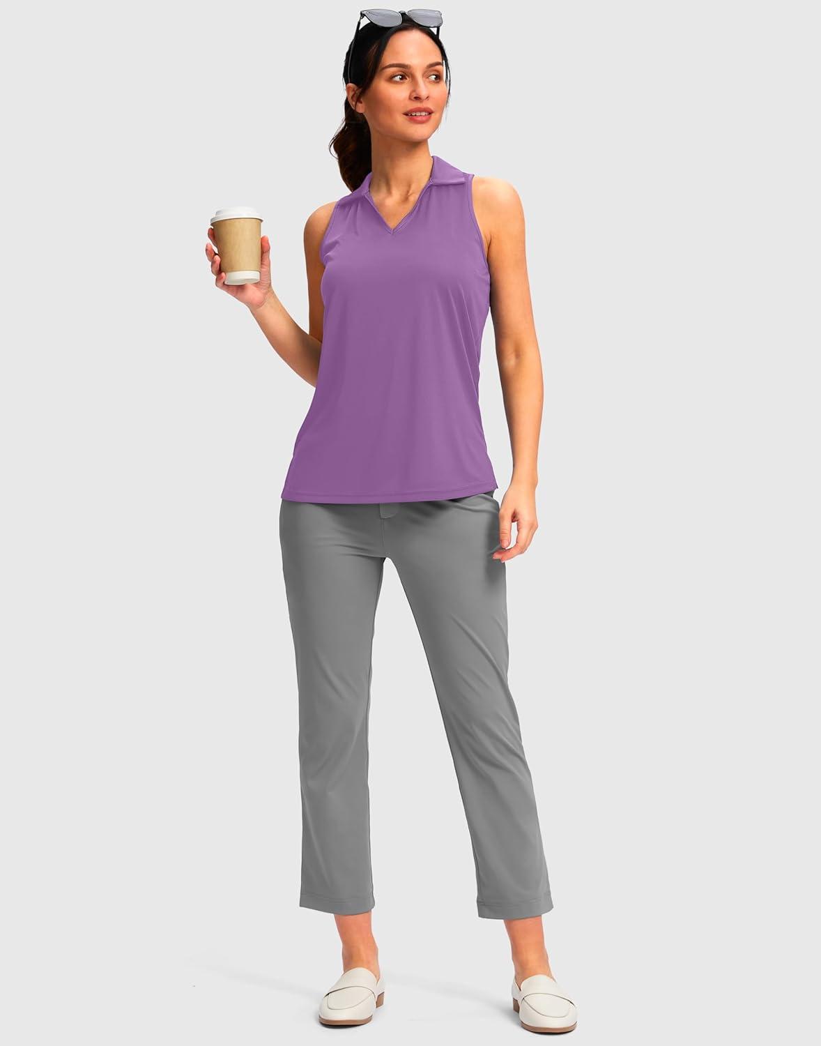 imageSANTINY Womens Sleeveless Golf Shirt Racerback V Neck Tank Tops Quick Dry Tennis Collared Polo Shirts for WomenPurple