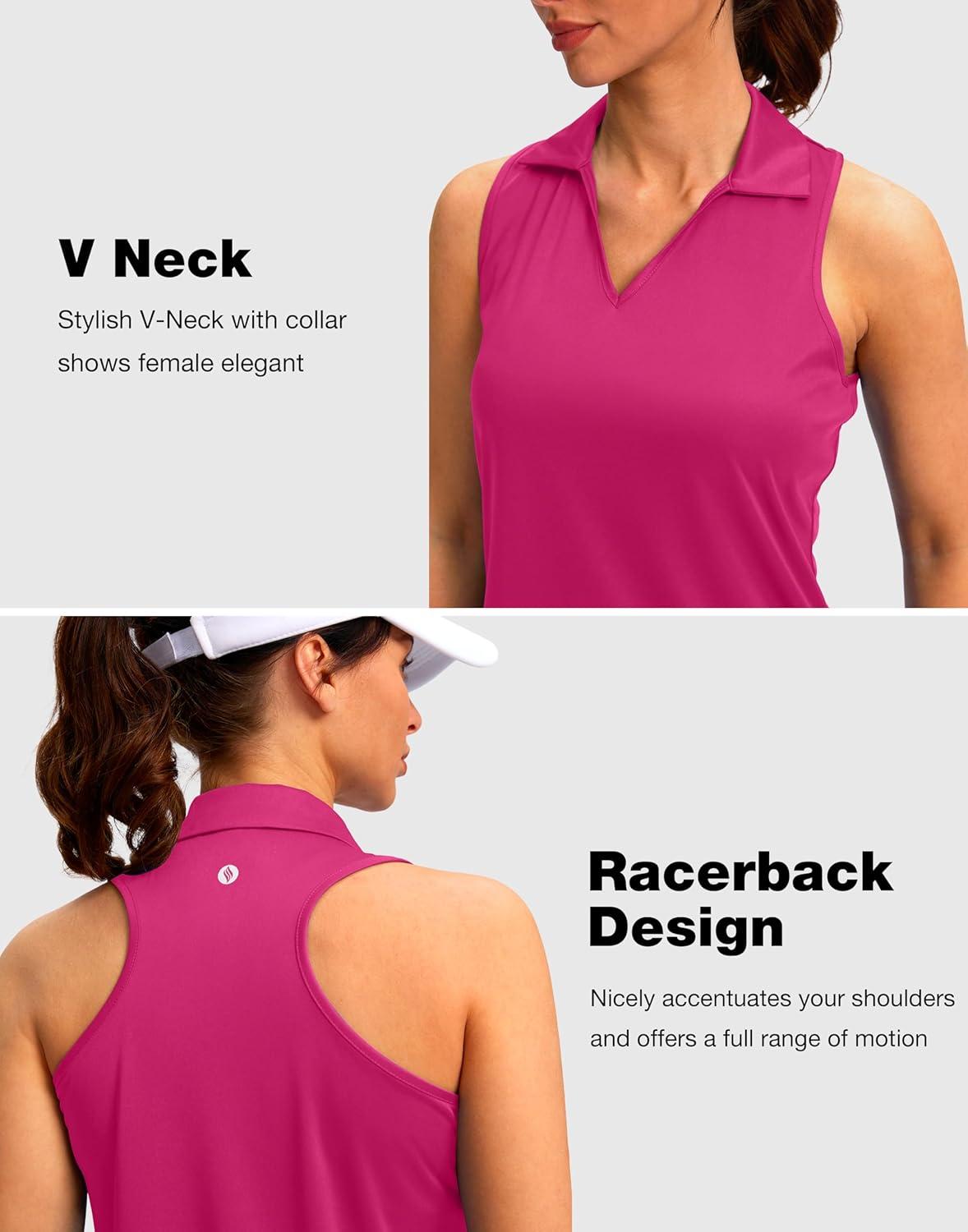 imageSANTINY Womens Sleeveless Golf Shirt Racerback V Neck Tank Tops Quick Dry Tennis Collared Polo Shirts for WomenRose