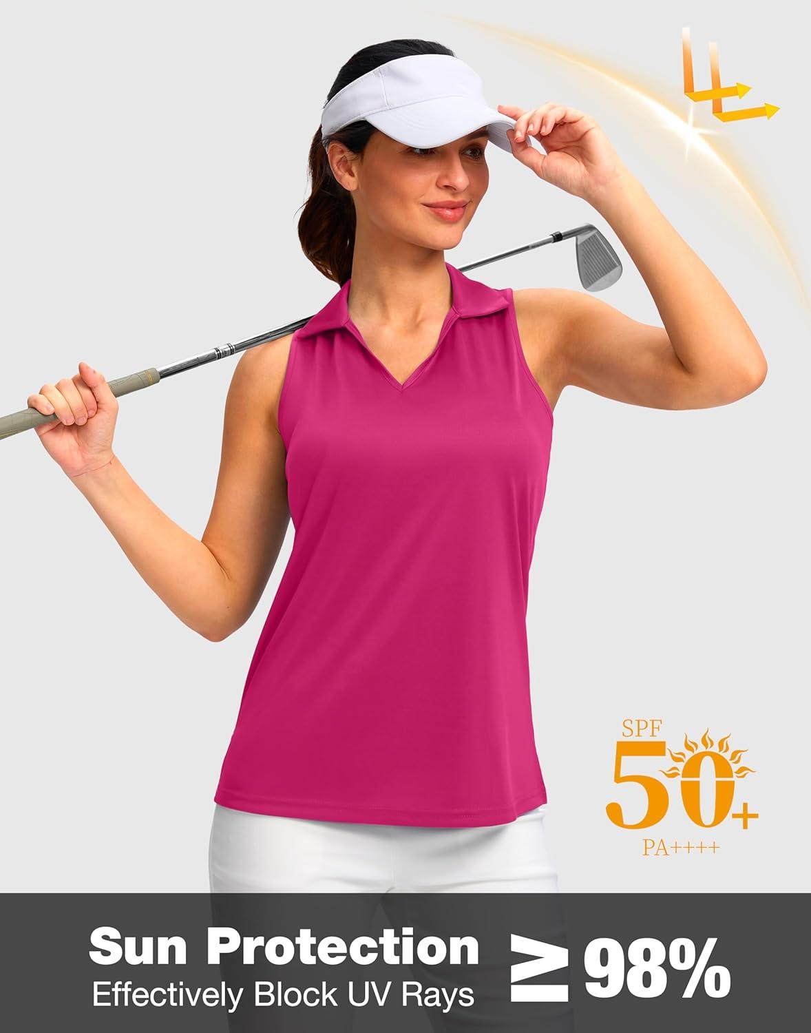 imageSANTINY Womens Sleeveless Golf Shirt Racerback V Neck Tank Tops Quick Dry Tennis Collared Polo Shirts for WomenRose