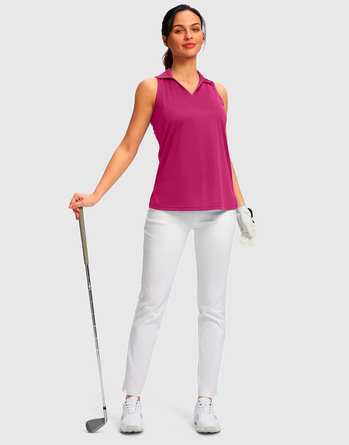 imageSANTINY Womens Sleeveless Golf Shirt Racerback V Neck Tank Tops Quick Dry Tennis Collared Polo Shirts for WomenRose