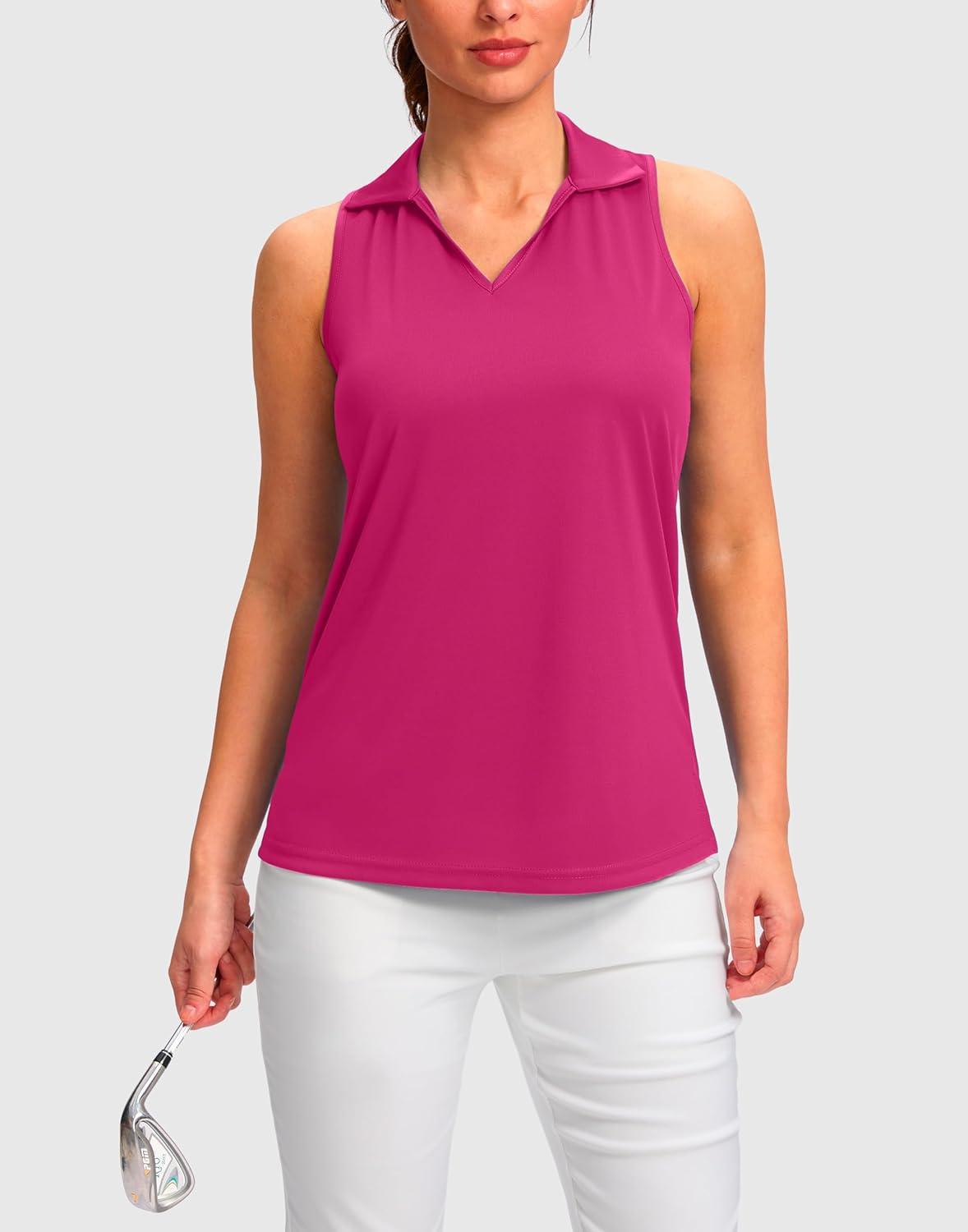imageSANTINY Womens Sleeveless Golf Shirt Racerback V Neck Tank Tops Quick Dry Tennis Collared Polo Shirts for WomenRose