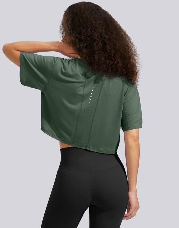 imageSANTINY Womens Workout Crop Tops Short Sleeve Loose Fit Cropped TShirt Gym Athletic Yoga Shirts for Women