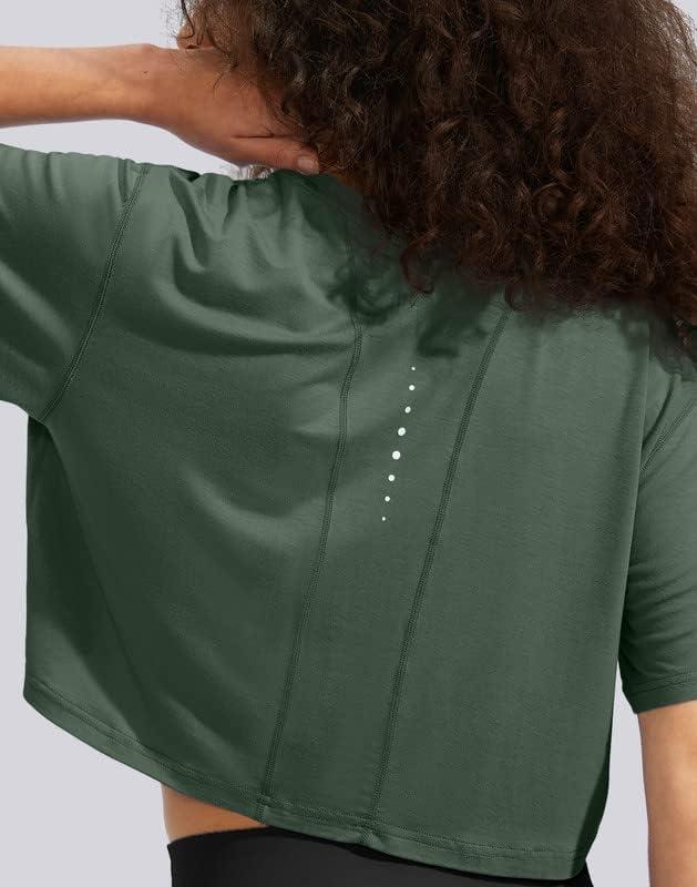 imageSANTINY Womens Workout Crop Tops Short Sleeve Loose Fit Cropped TShirt Gym Athletic Yoga Shirts for Women