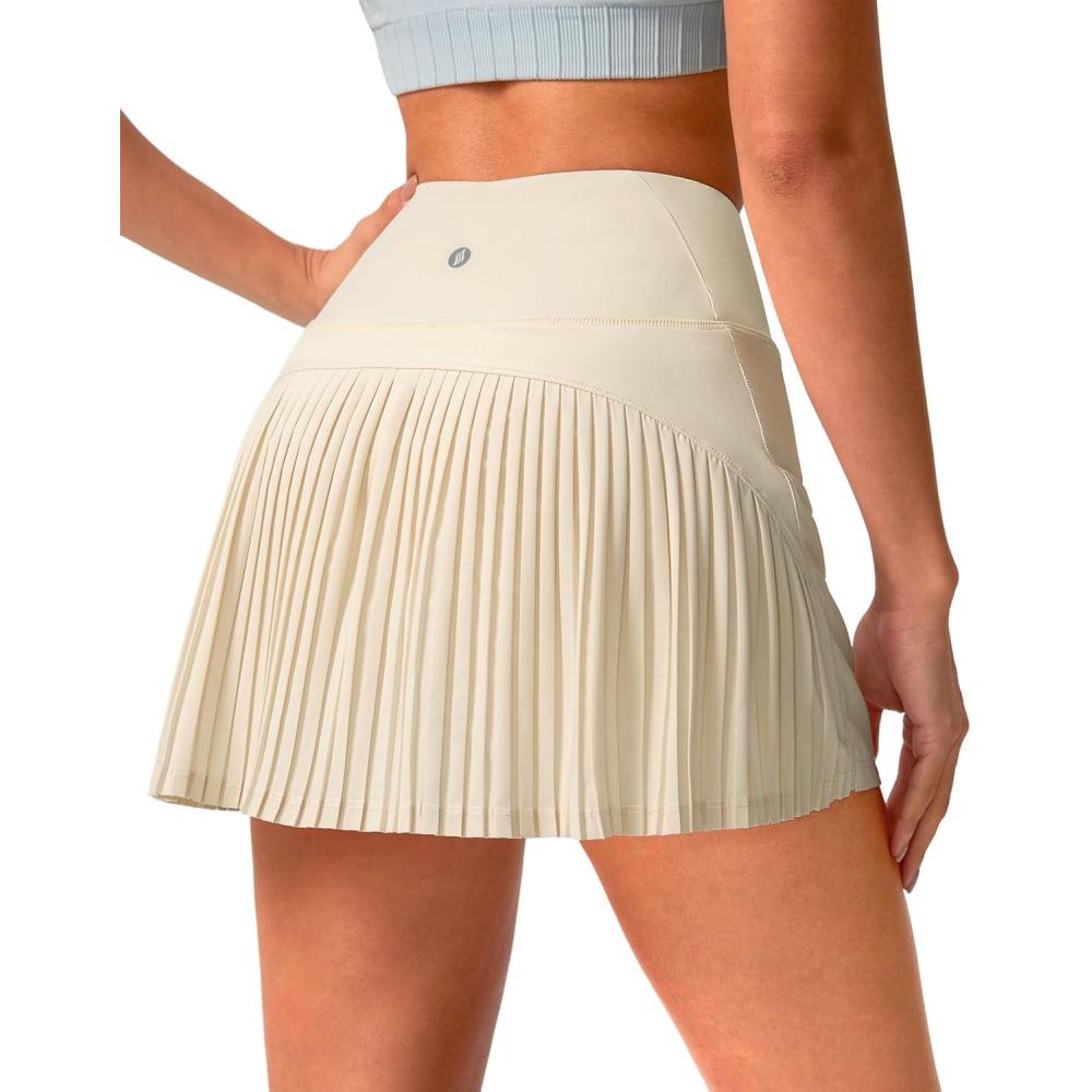 imageSANTINY 14quot Tennis Skirt Skorts for Woman Pleated High Waited Skirts with Builtin Shorts Athletic Golf SkortC Beige