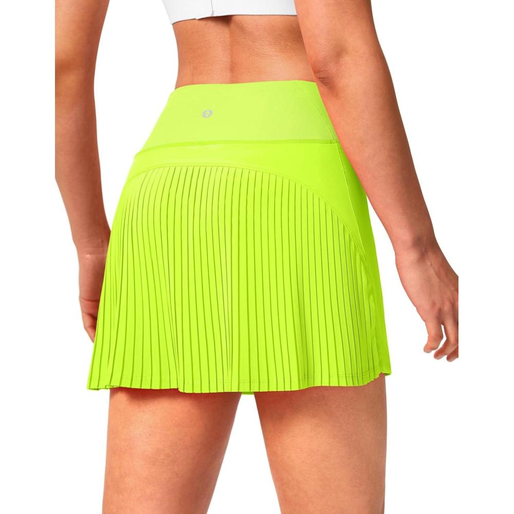 imageSANTINY 14quot Tennis Skirt Skorts for Woman Pleated High Waited Skirts with Builtin Shorts Athletic Golf SkortNeon Yellow