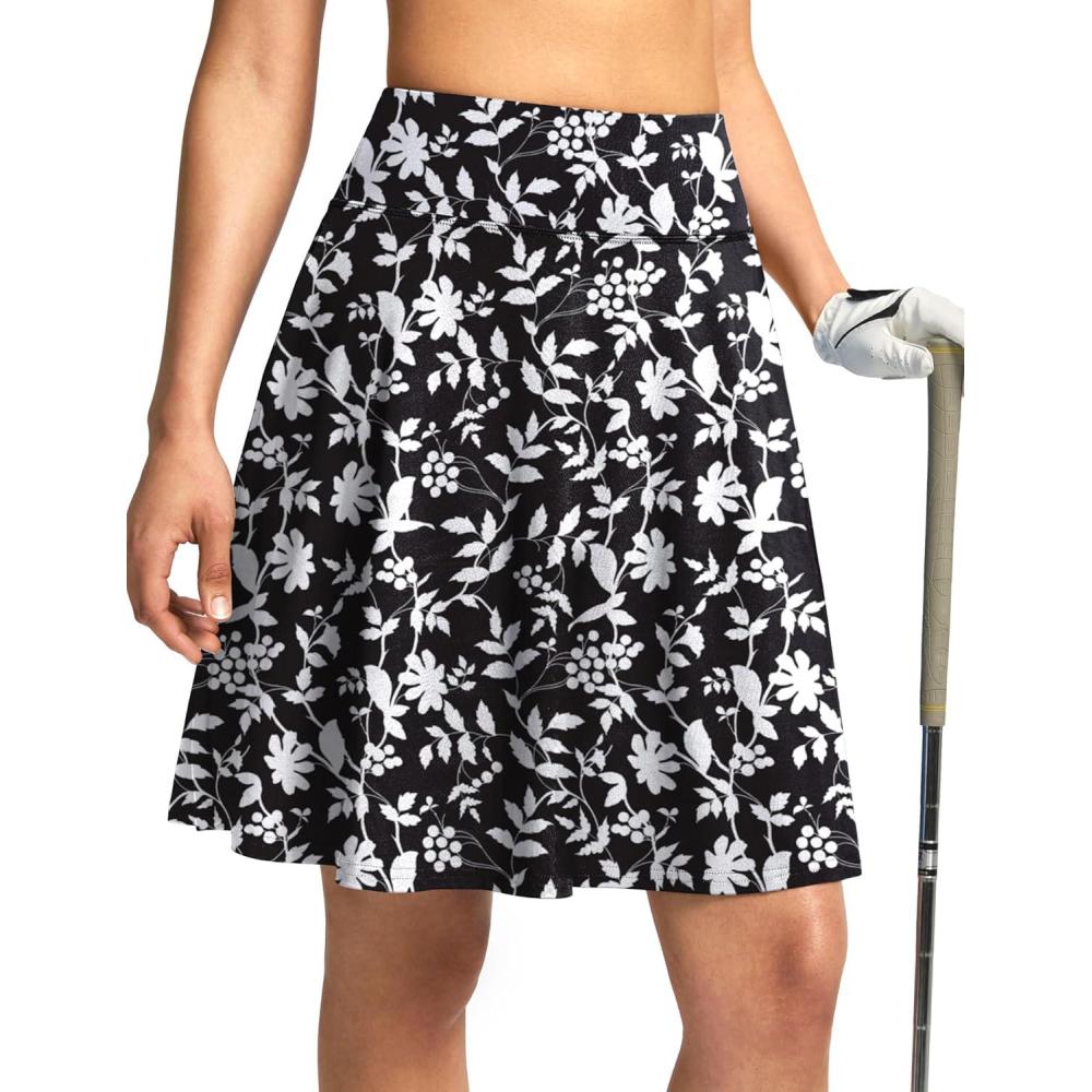 imageSANTINY 20 Knee Length Skorts for Woman 4 Pockets High Waisted Womens Tennis Golf Skirts Long Athletic Skirt with ShortsFloral Black White