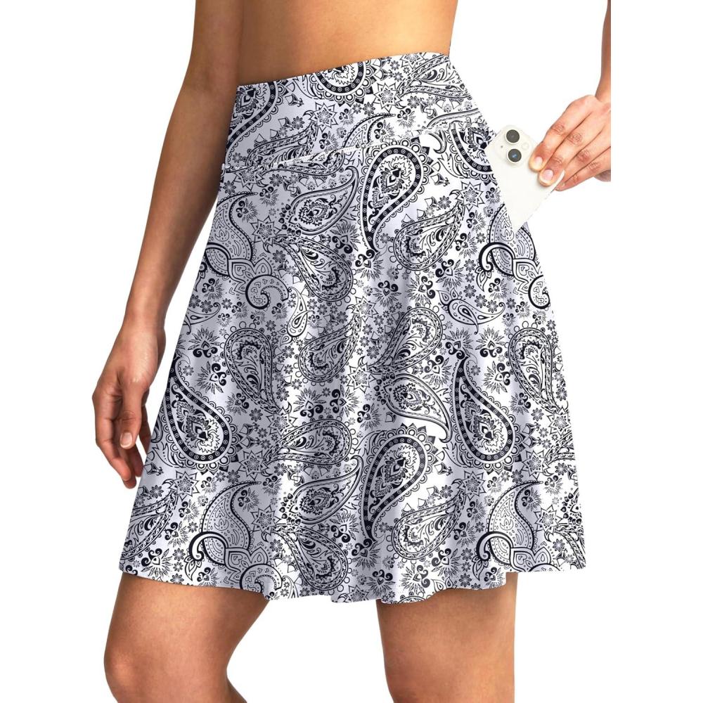 imageSANTINY 20 Knee Length Skorts for Woman 4 Pockets High Waisted Womens Tennis Golf Skirts Long Athletic Skirt with ShortsFloral White