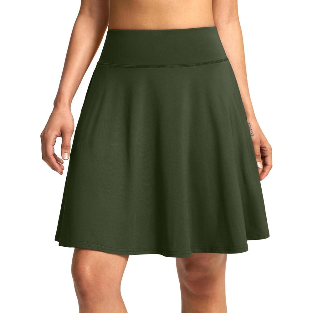 imageSANTINY 20 Knee Length Skorts for Woman 4 Pockets High Waisted Womens Tennis Golf Skirts Long Athletic Skirt with ShortsOlive Green