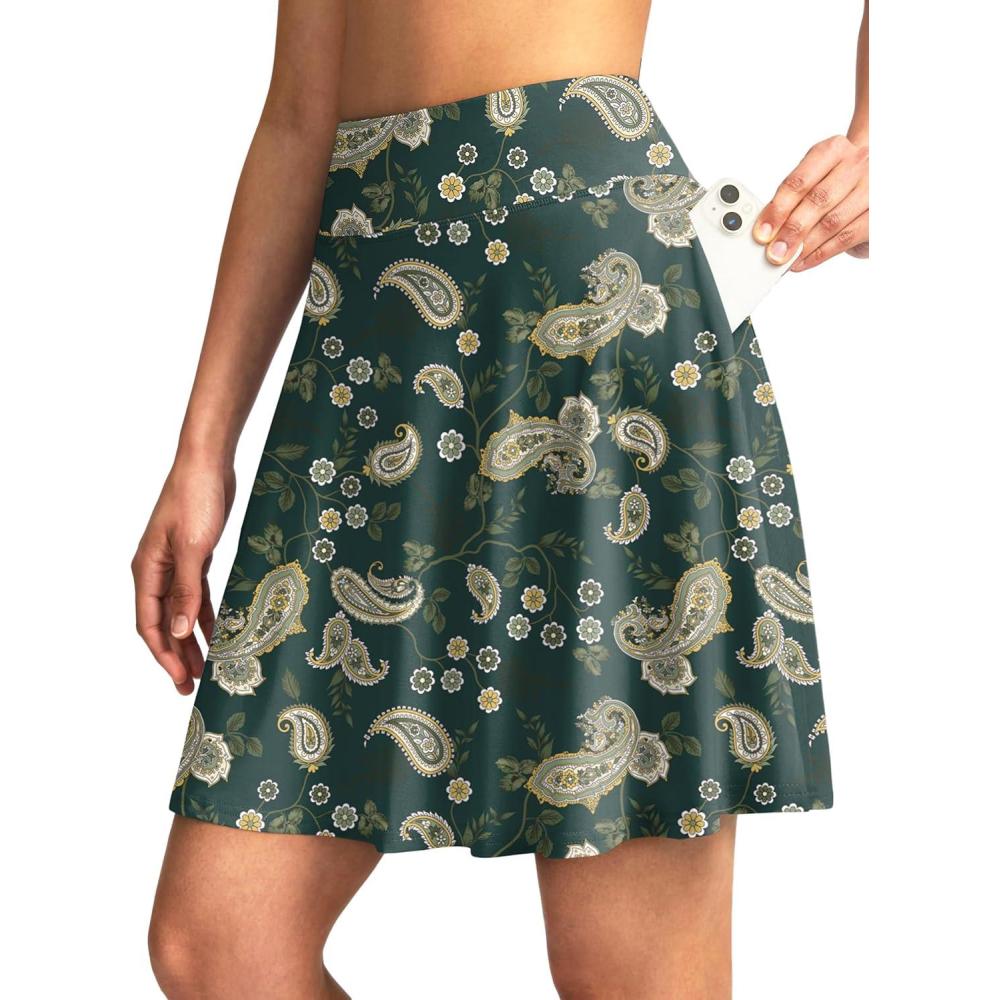 imageSANTINY 20 Knee Length Skorts for Woman 4 Pockets High Waisted Womens Tennis Golf Skirts Long Athletic Skirt with ShortsPaisley Olive