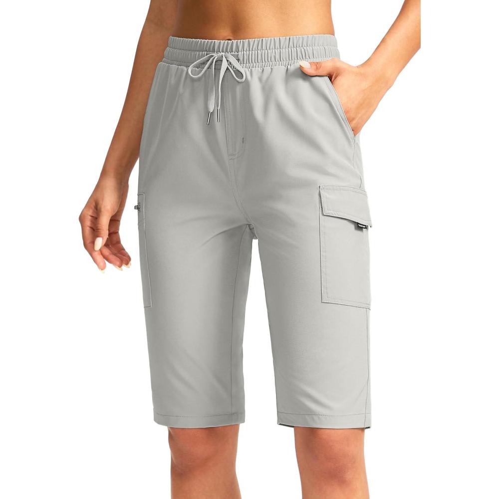 imageSANTINY Womens 13quot Long Hiking Shorts Knee Length Quick Dry Cargo Bermuda Shorts for Women with Zipper PocketsLight Grey