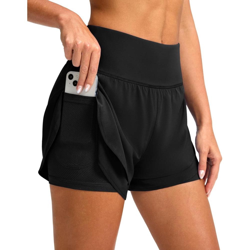imageSANTINY Womens 2 in 1 Running Shorts with Pockets 3quot High Waisted Exercise Workout Athletic Shorts for Women with LinerBlack