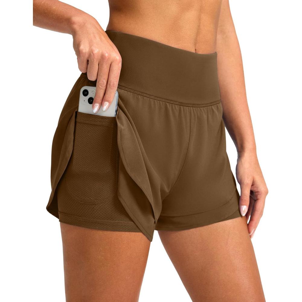 imageSANTINY Womens 2 in 1 Running Shorts with Pockets 3quot High Waisted Exercise Workout Athletic Shorts for Women with LinerBrown