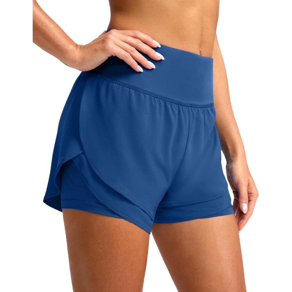 imageSANTINY Womens 2 in 1 Running Shorts with Pockets 3quot High Waisted Exercise Workout Athletic Shorts for Women with LinerDark Blue