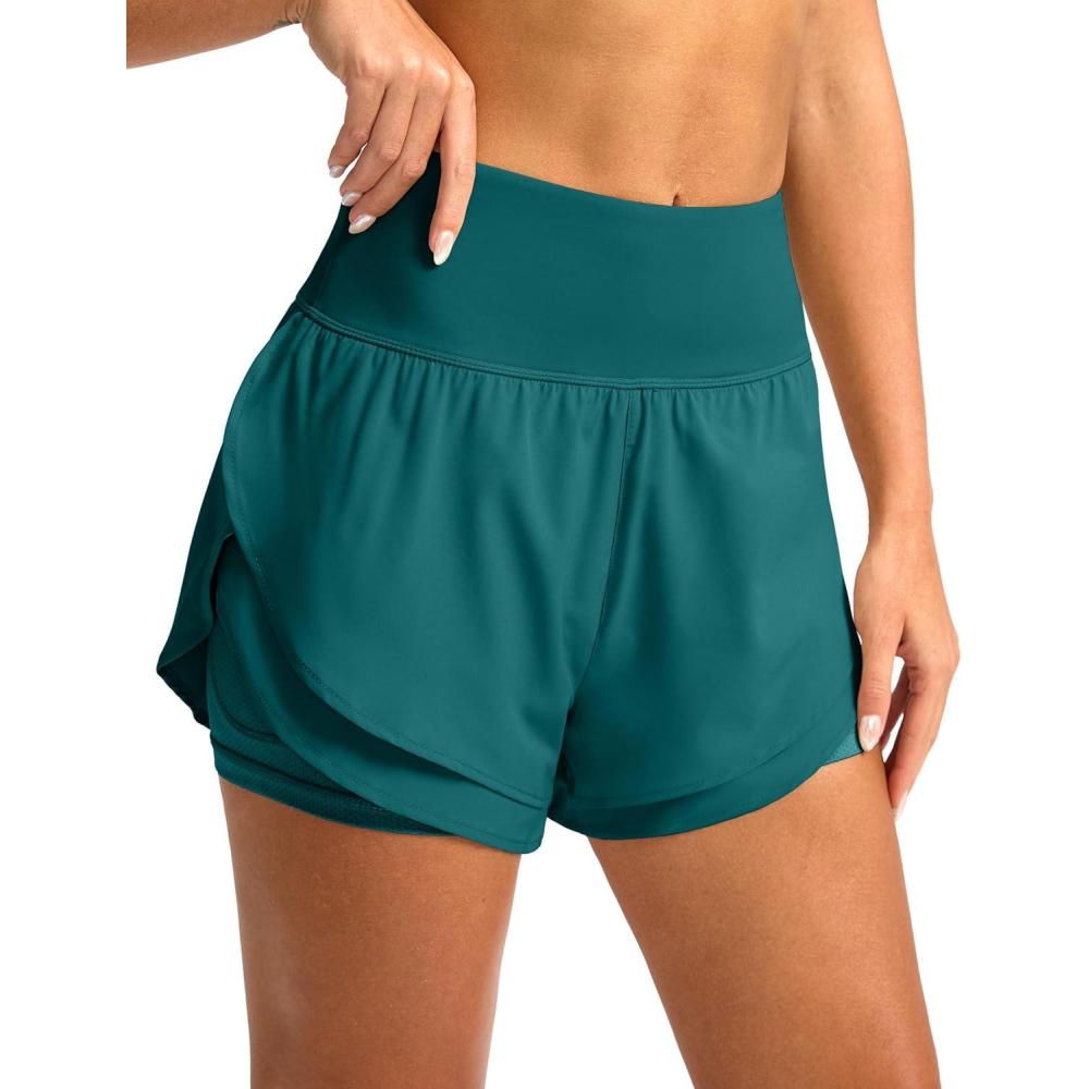 imageSANTINY Womens 2 in 1 Running Shorts with Pockets 3quot High Waisted Exercise Workout Athletic Shorts for Women with LinerGreen