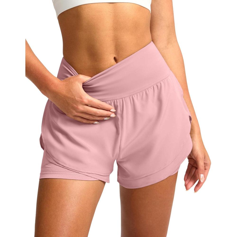 imageSANTINY Womens 2 in 1 Running Shorts with Pockets 3quot High Waisted Exercise Workout Athletic Shorts for Women with LinerPink