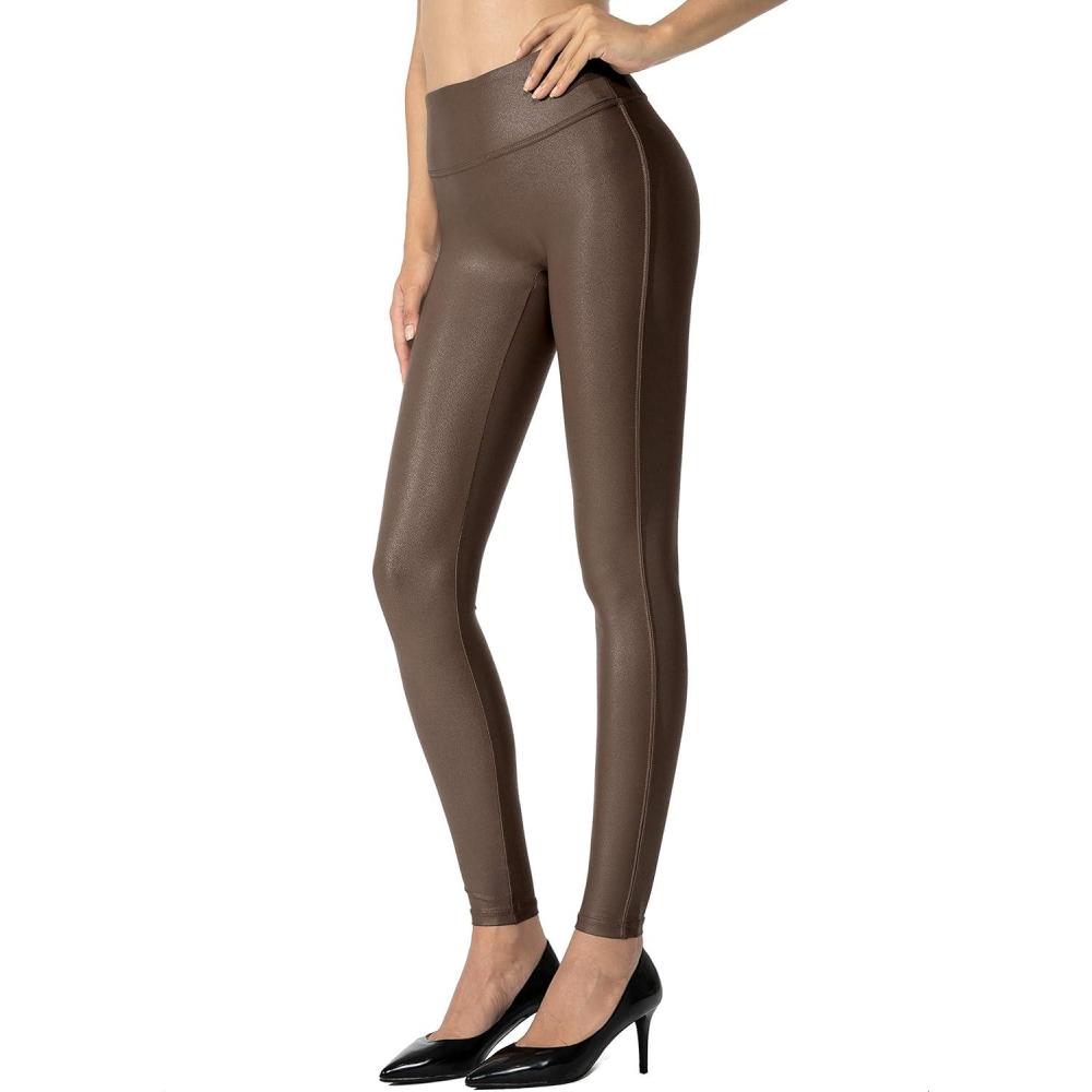 imageSANTINY Womens 25527 Faux Leather Leggings Pants Stretch High Waisted Tights for WomenBrown