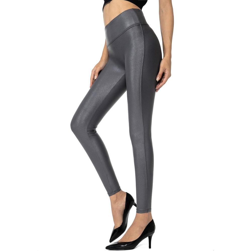 imageSANTINY Womens 25527 Faux Leather Leggings Pants Stretch High Waisted Tights for WomenDark Grey