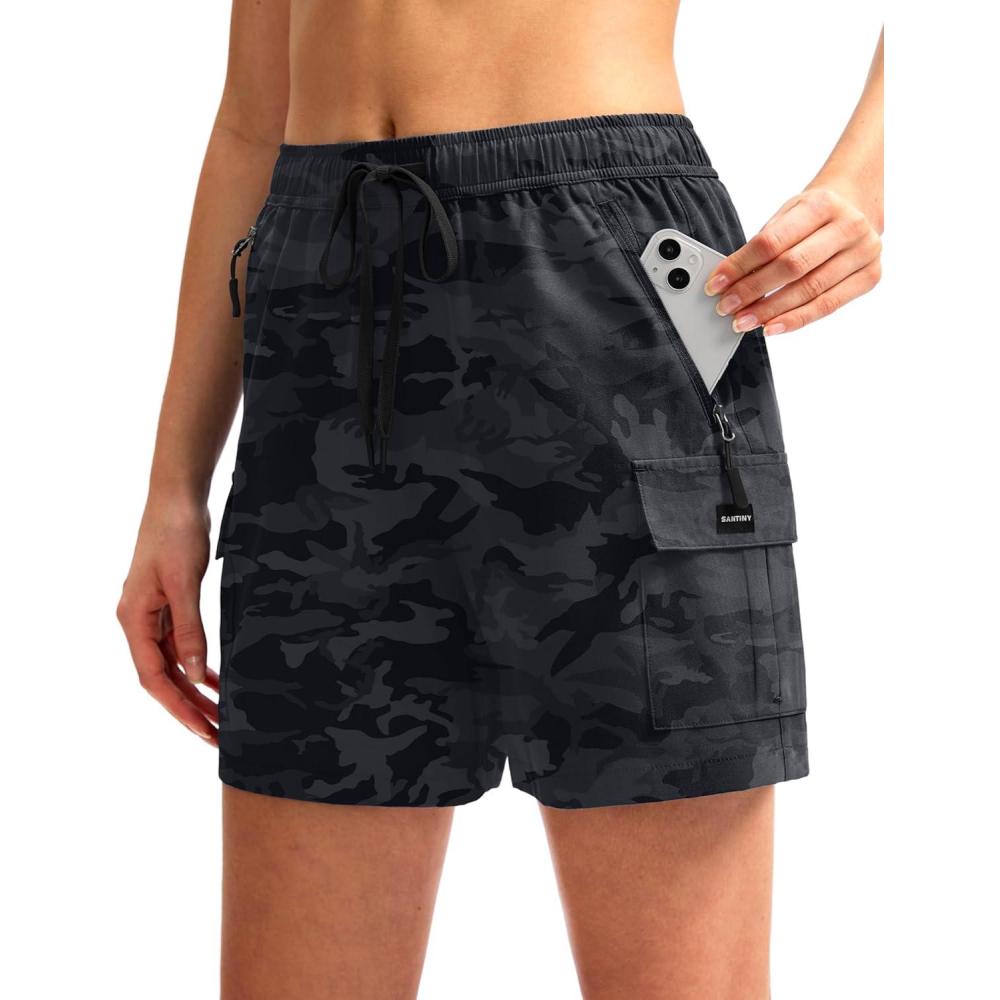 imageSANTINY Womens 5 79 Hiking Cargo Shorts Quick Dry Lightweight Summer Shorts for Women Athletic Golf Zipper PocketsGreycamo