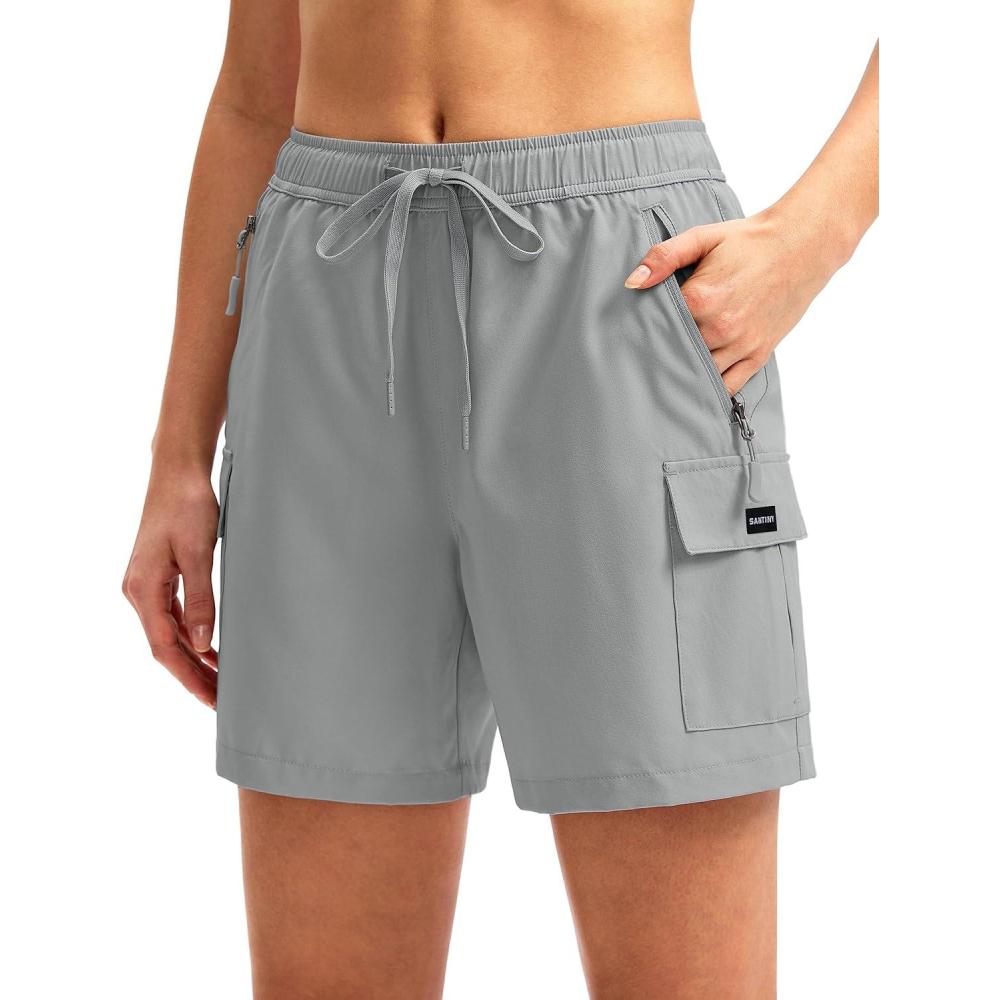 imageSANTINY Womens 5 79 Hiking Cargo Shorts Quick Dry Lightweight Summer Shorts for Women Athletic Golf Zipper PocketsLight Grey
