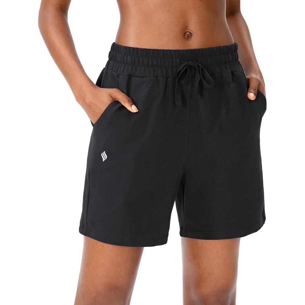 imageSANTINY Womens Cotton Shorts 5 Lounge Yoga Shorts Jersey Sweat Bermuda Shorts for Women Walking Athletic with PocketsBlack