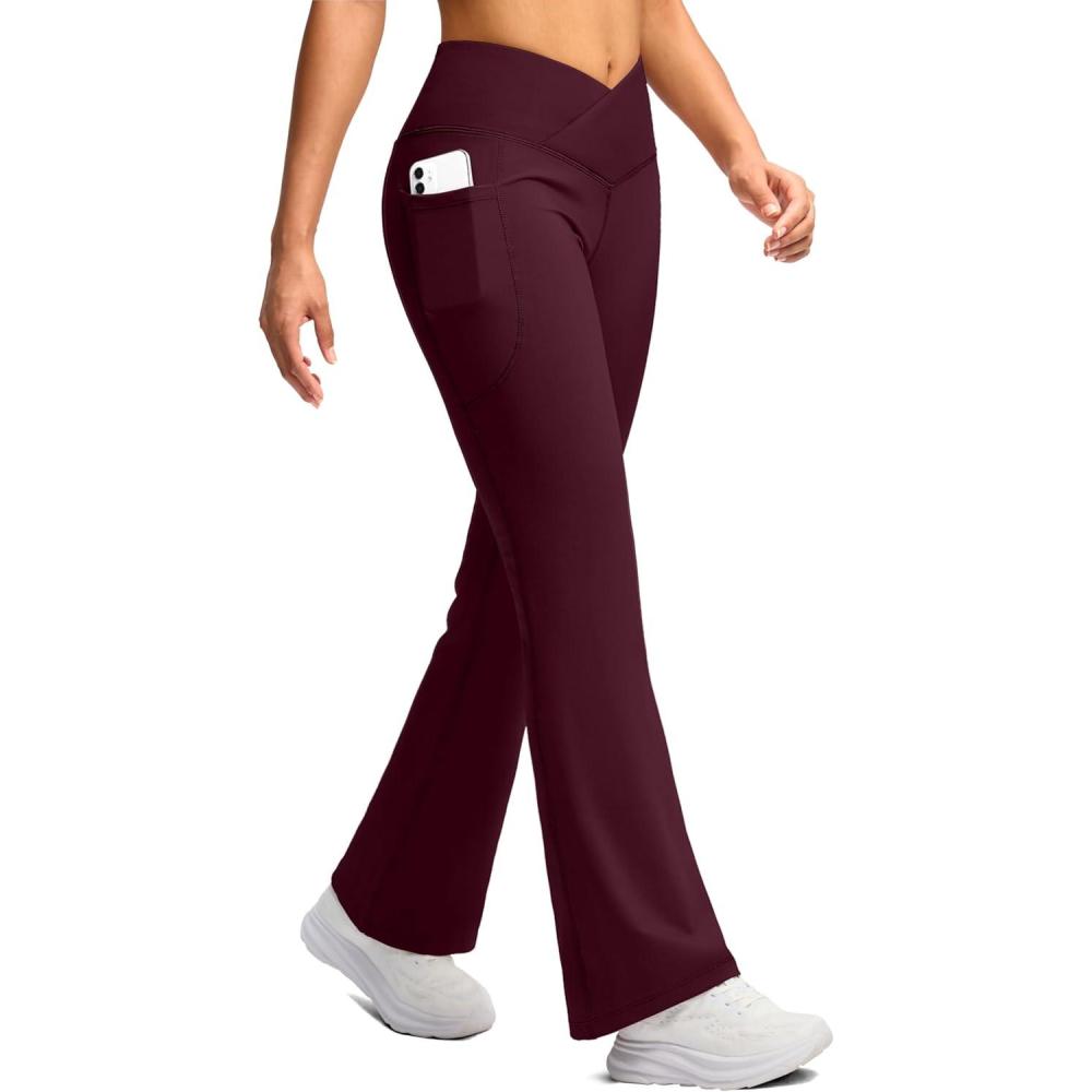 imageSANTINY Womens Fleece Lined Pants with Pockets Crossover Yoga Pants 285quot305quot32quot Thermal Warm Flare Leggings for WomenWine Red