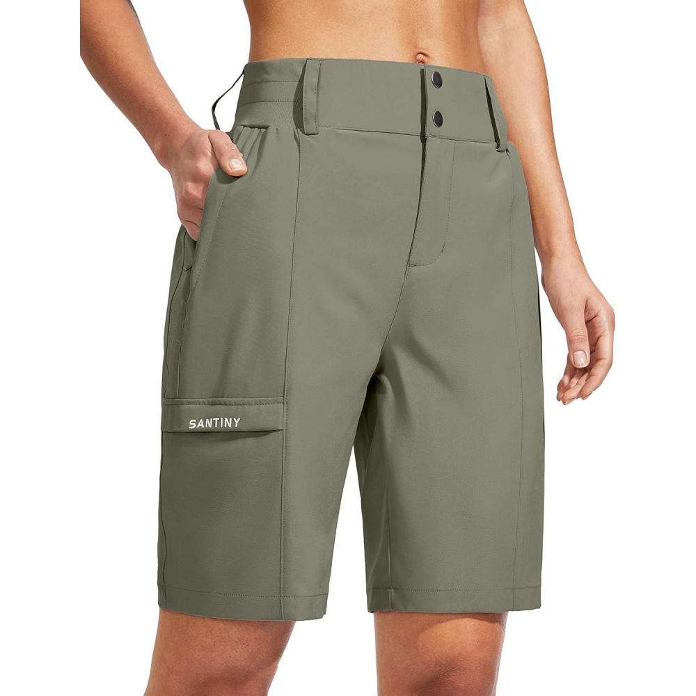 imageSANTINY Womens Golf Hiking Shorts 9 High Waisted Quick Dry Bermuda Long Shorts for Women with Zipper Pockets