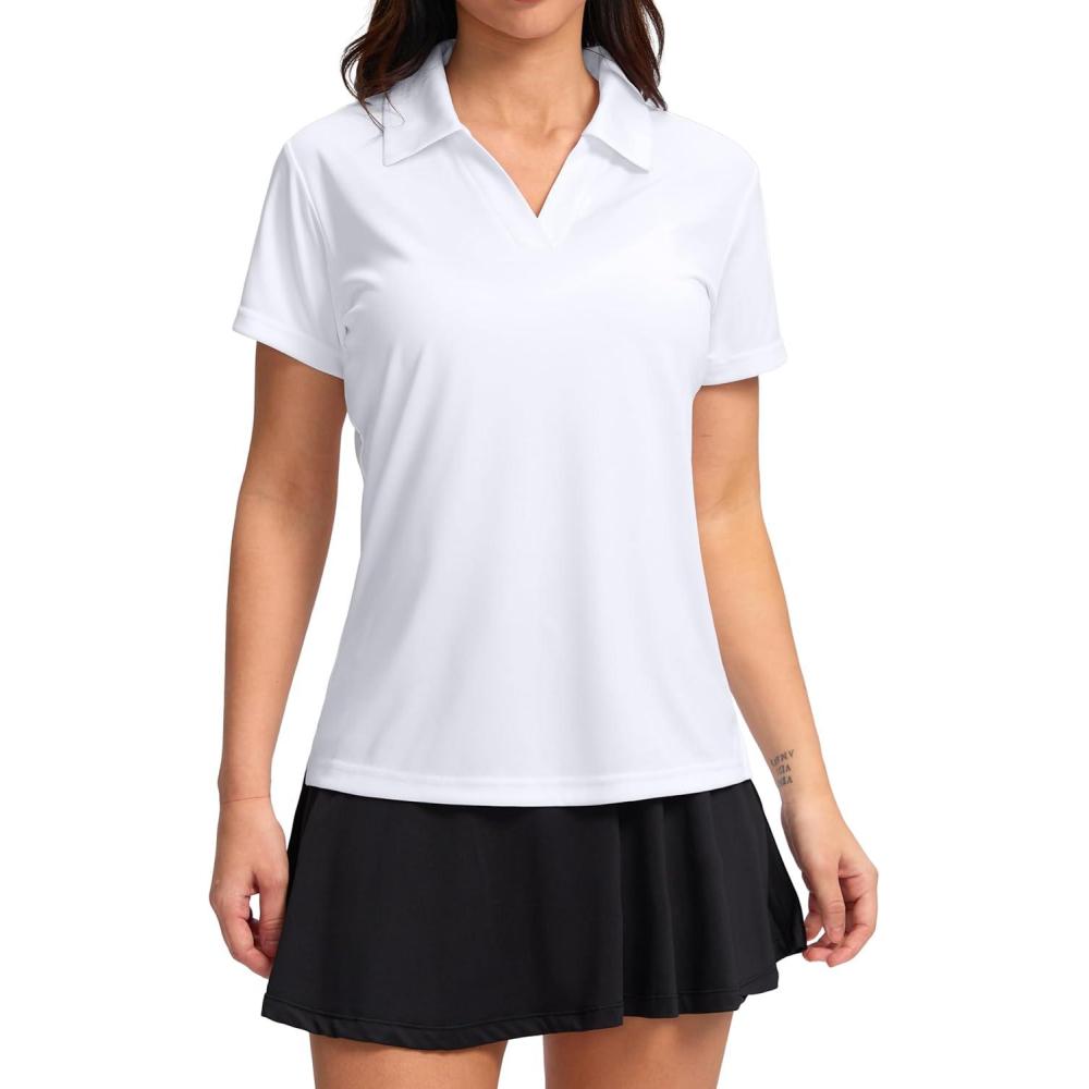 imageSANTINY Womens Golf Shirt Collared VNeck Casual Work Tennis Tops UPF50 Collared Polo Shirts for WomenA White