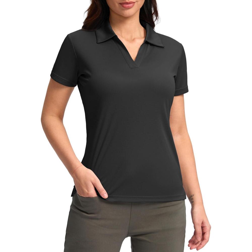 imageSANTINY Womens Golf Shirt Collared VNeck Casual Work Tennis Tops UPF50 Collared Polo Shirts for WomenBlack