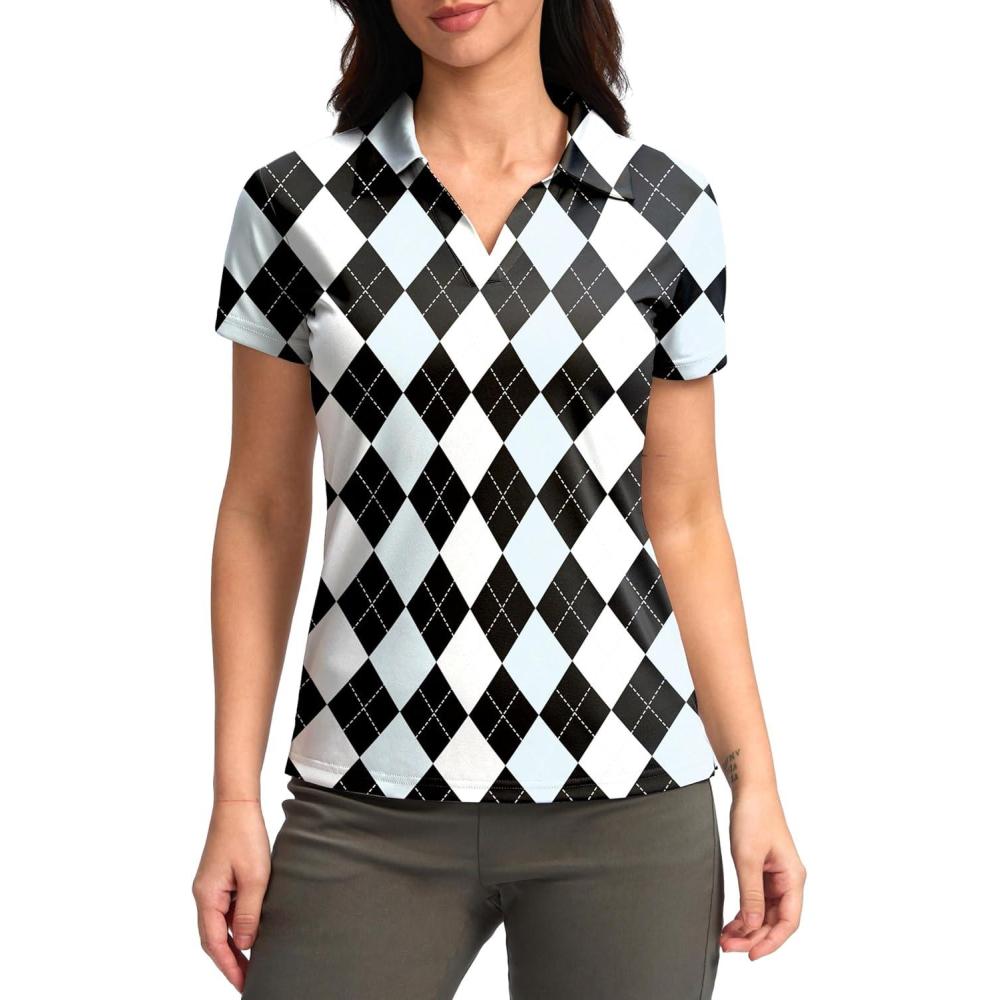 imageSANTINY Womens Golf Shirt Collared VNeck Casual Work Tennis Tops UPF50 Collared Polo Shirts for WomenBlack Argyle