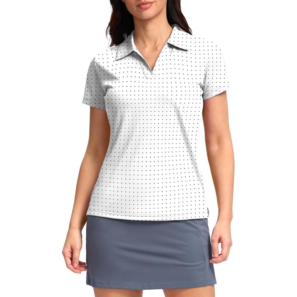 imageSANTINY Womens Golf Shirt Collared VNeck Casual Work Tennis Tops UPF50 Collared Polo Shirts for WomenBlack Dot
