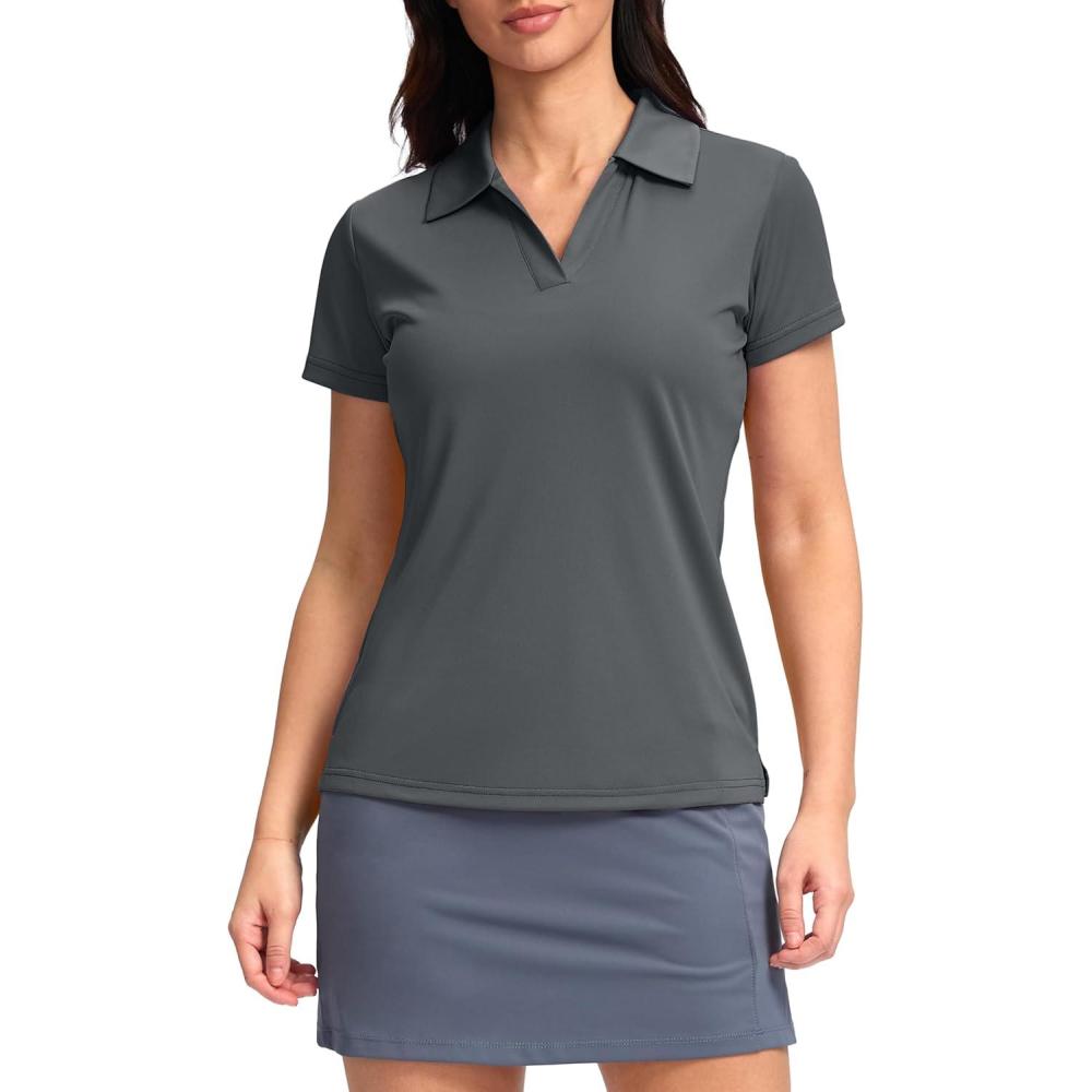 imageSANTINY Womens Golf Shirt Collared VNeck Casual Work Tennis Tops UPF50 Collared Polo Shirts for WomenDark Grey