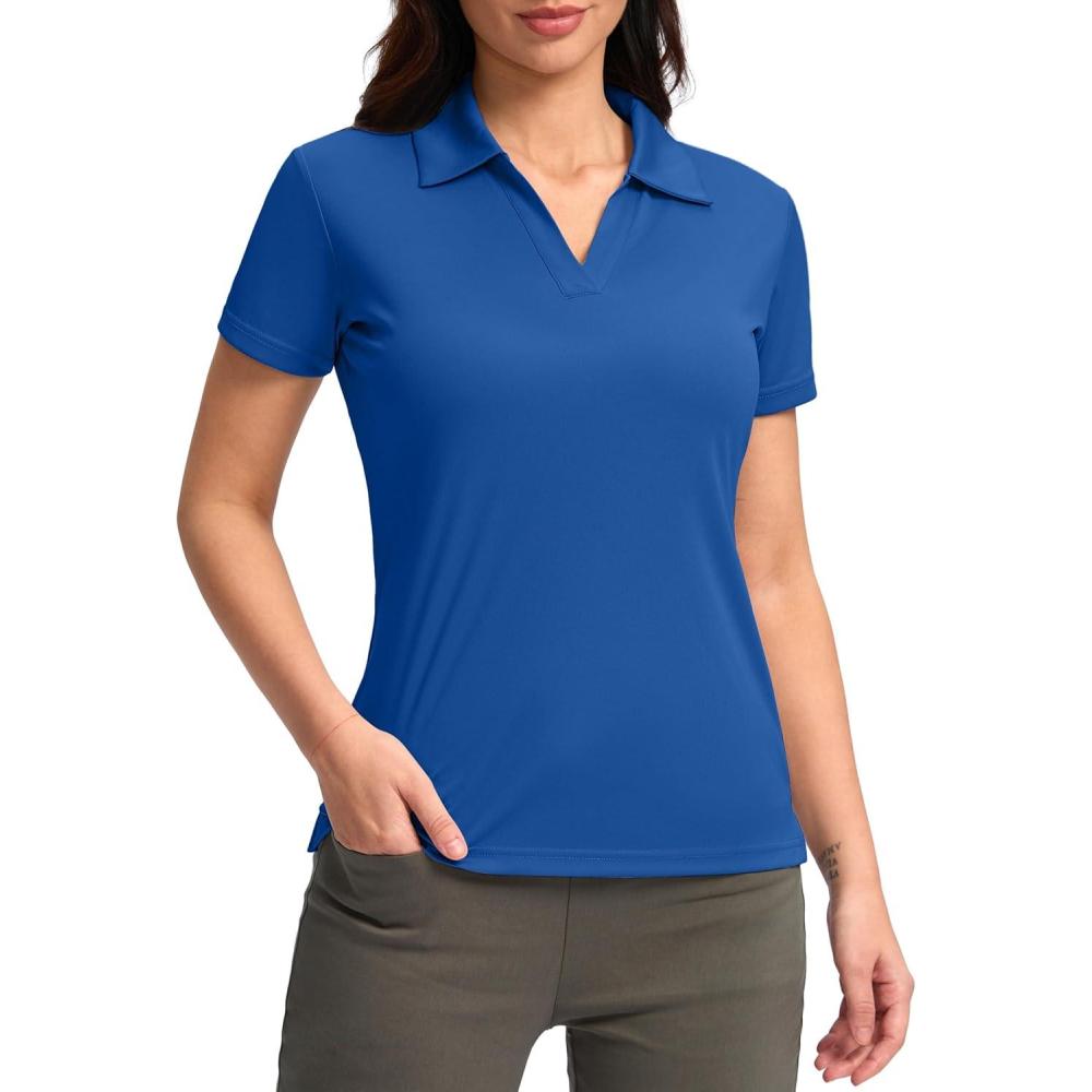imageSANTINY Womens Golf Shirt Collared VNeck Casual Work Tennis Tops UPF50 Collared Polo Shirts for WomenDeep Blue