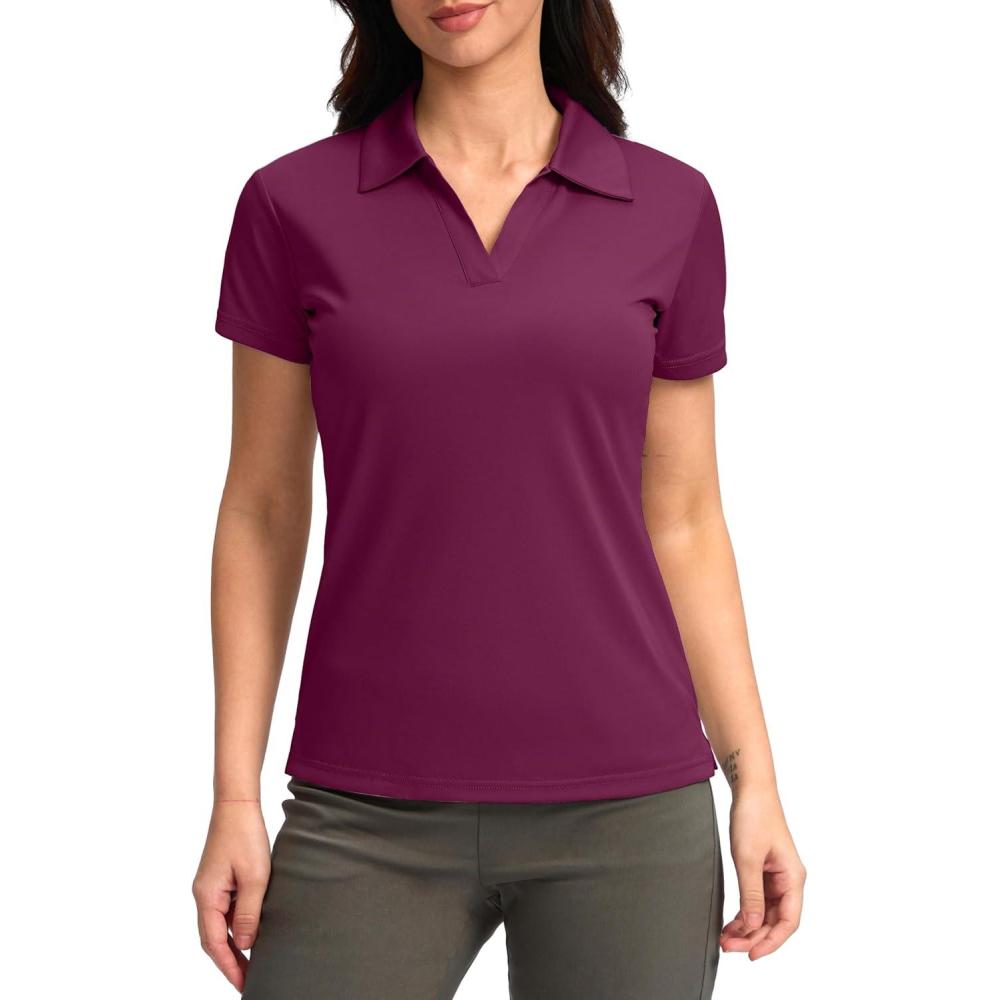 imageSANTINY Womens Golf Shirt Collared VNeck Casual Work Tennis Tops UPF50 Collared Polo Shirts for WomenFuchasia Red