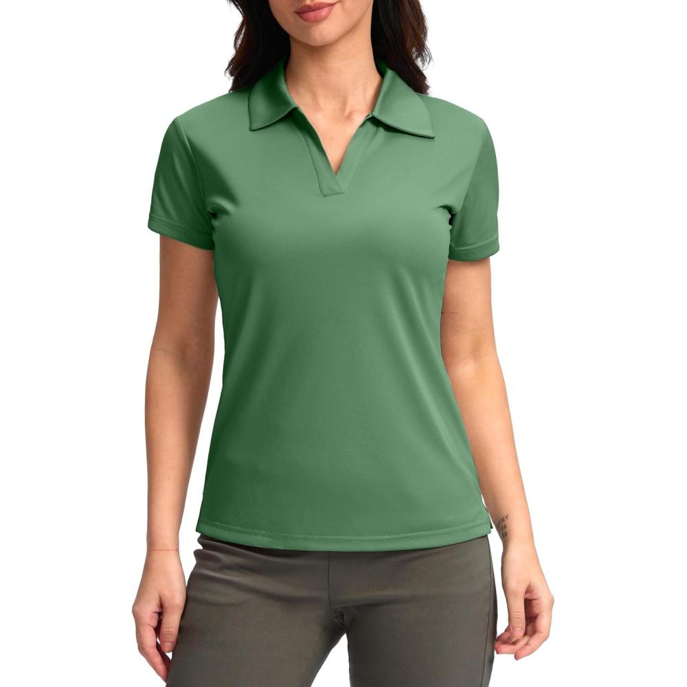imageSANTINY Womens Golf Shirt Collared VNeck Casual Work Tennis Tops UPF50 Collared Polo Shirts for WomenGreen