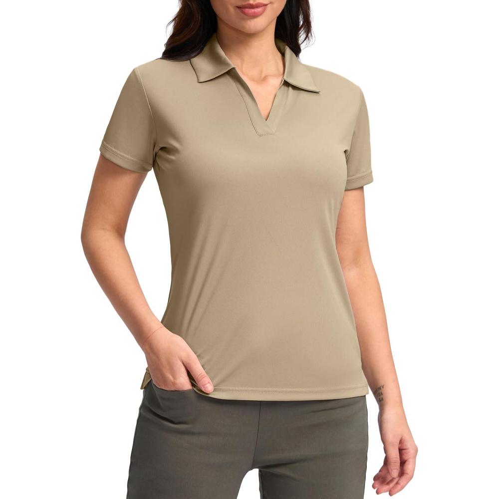 imageSANTINY Womens Golf Shirt Collared VNeck Casual Work Tennis Tops UPF50 Collared Polo Shirts for WomenKhaki