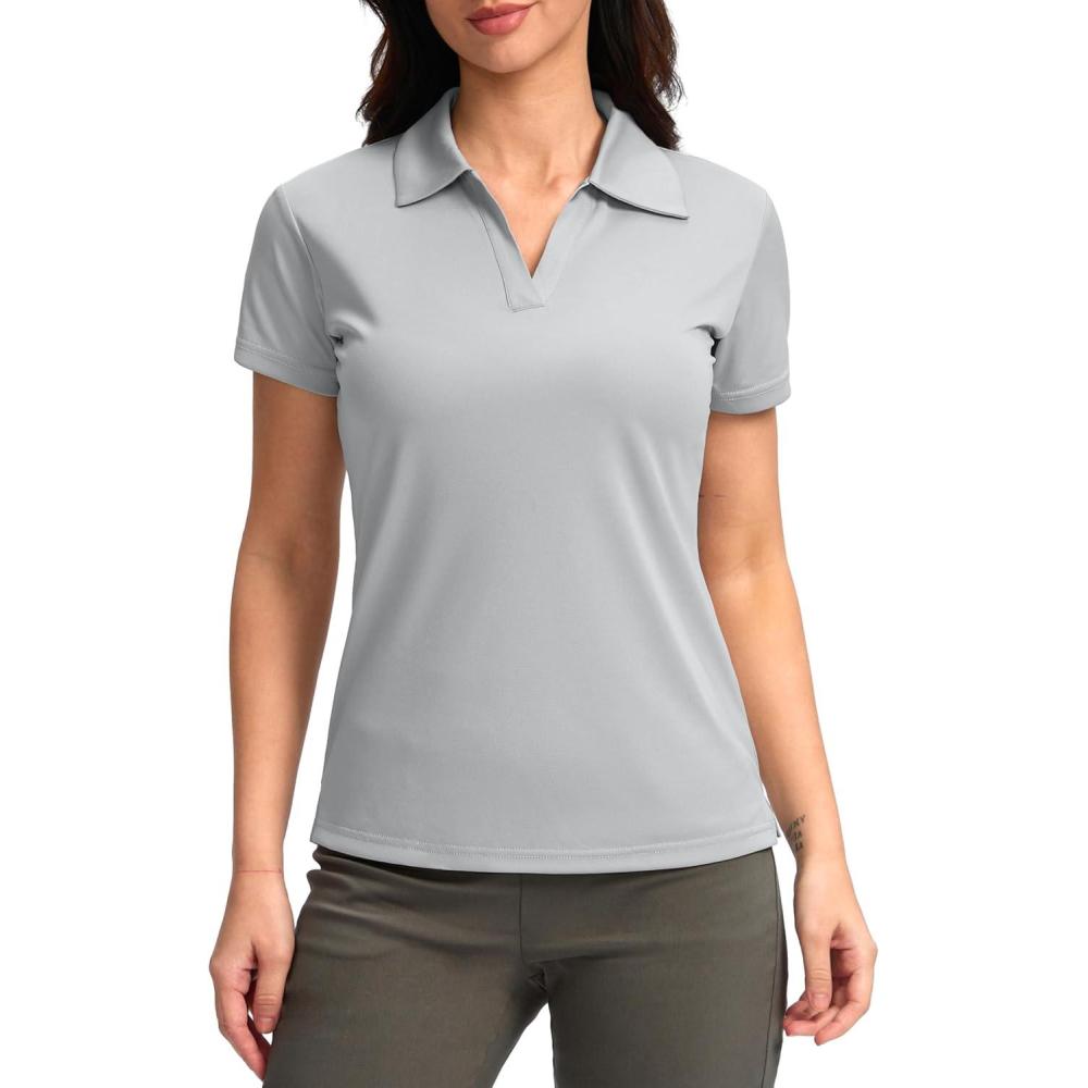 imageSANTINY Womens Golf Shirt Collared VNeck Casual Work Tennis Tops UPF50 Collared Polo Shirts for WomenLight Grey