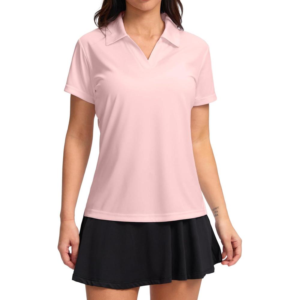 imageSANTINY Womens Golf Shirt Collared VNeck Casual Work Tennis Tops UPF50 Collared Polo Shirts for WomenLight Pink