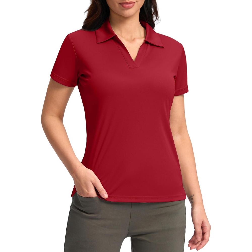imageSANTINY Womens Golf Shirt Collared VNeck Casual Work Tennis Tops UPF50 Collared Polo Shirts for WomenRed