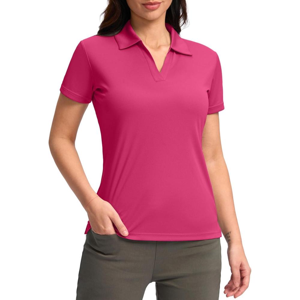 imageSANTINY Womens Golf Shirt Collared VNeck Casual Work Tennis Tops UPF50 Collared Polo Shirts for WomenRose